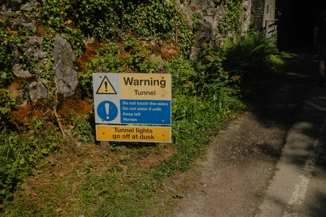 Warning sign ahead of a disused tunnel. Photograph by Dave Smyth.